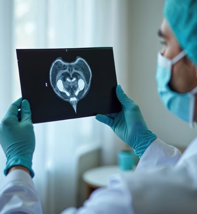 Doctor examines prostate X-ray image in clinic. Urologist studying prostate adenoma cancer. Medical diagnostic of genitourinary system, disease. Healthcare concept, pro medical specialist modern